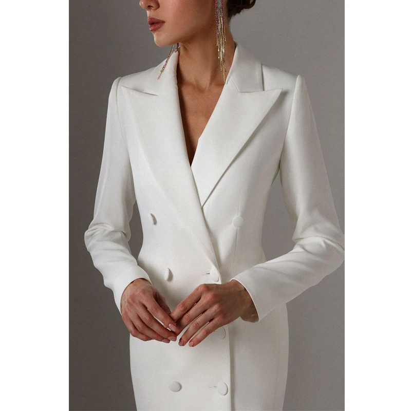 Blazer long imbibé pour femme, veste à double boutonnage, smoking blanc, vêtements à revers, fête