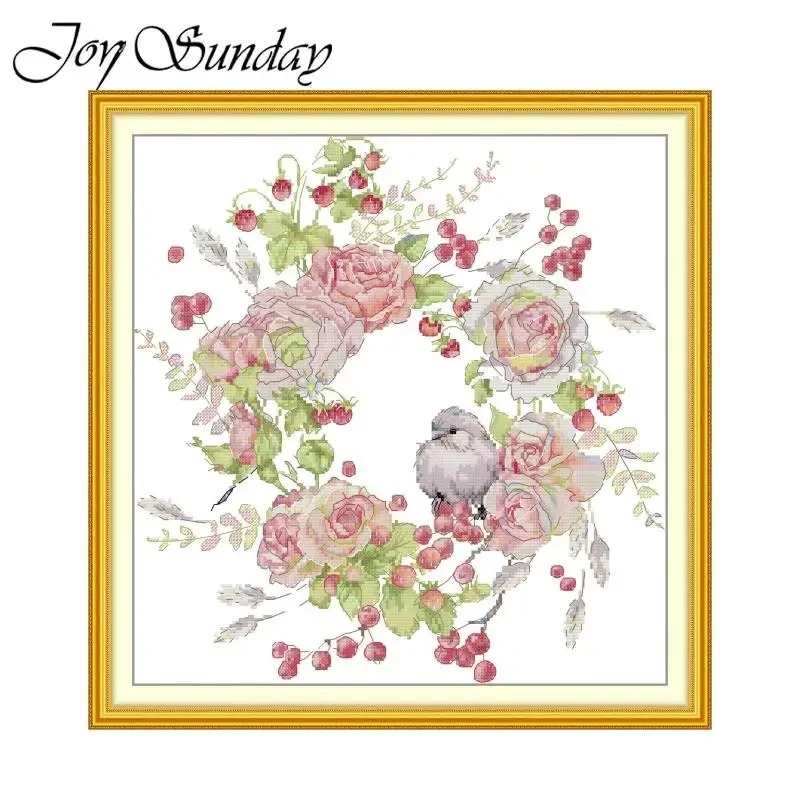 Joy Sunday Cross Stitch Kits Birdie Rose Wreath Pattern Aida Fabric 16/14/11CT DIY Hand Embroidery Set Printed Counted Canvas