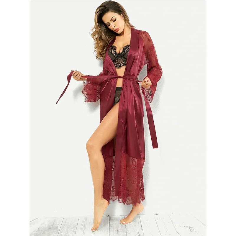 Sexy Lingеrie Set Women Pajama New Hollowed-out Lace Pattern Long Sleeve Long Women\'s Robe Bathrobe Nightgown Woman Night