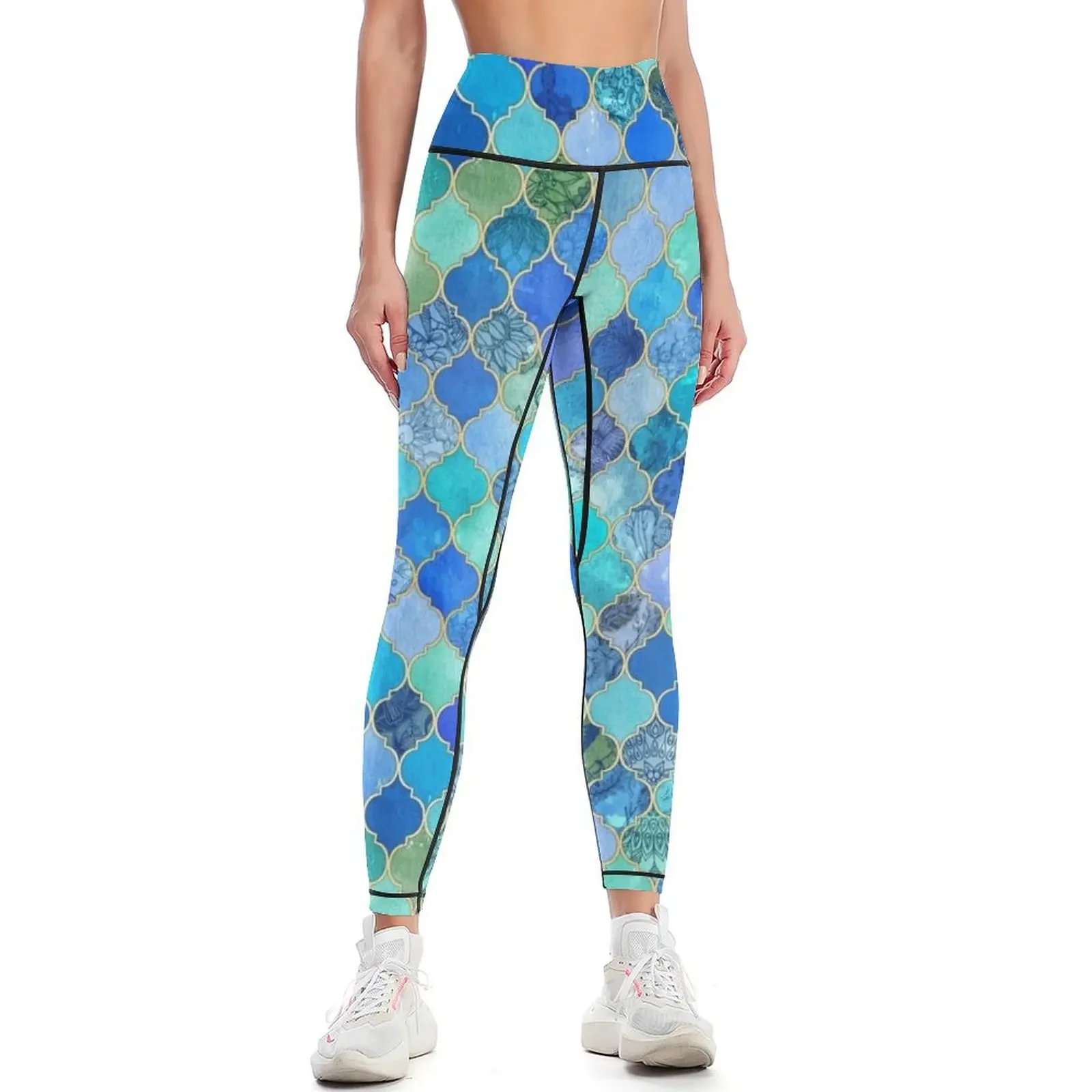 Cobalt Blue, Aqua & Gold Decorative Moroccan Tile Pattern Leggings Leginsy push up Pants sport Womens Leggings