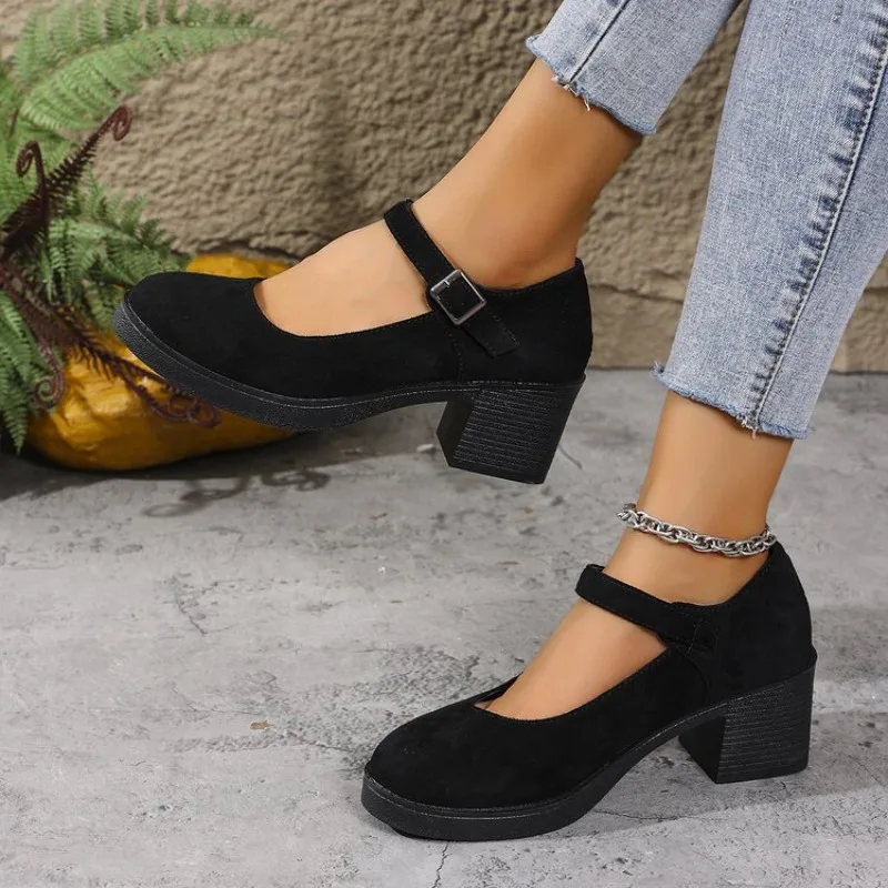 2026 Fashionable Large Size Spring Autumn Surface Single Shoes with Buckle Thick Heel Women's Comfortable Casual Shoes