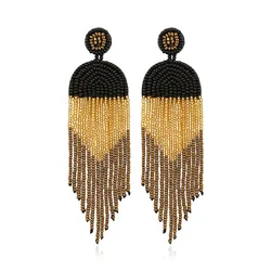 Boho Jewelry Wholesale Chic Art Deco Long Dainty Ethnic Bohemian Black Fringe Tassel Dangle Rice Seed Beaded Earrings for Women
