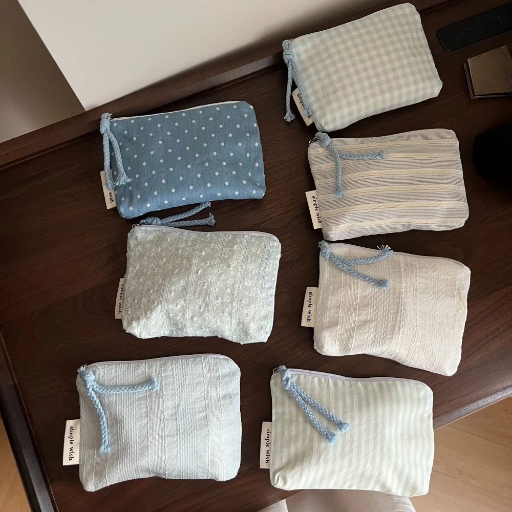 Mini porte-monnaie en toile rayée pour femme, petit portefeuille mignon, porte-cartes, pochette pour écouteurs, rouge à lèvres, sac de rangement portable pour l'argent