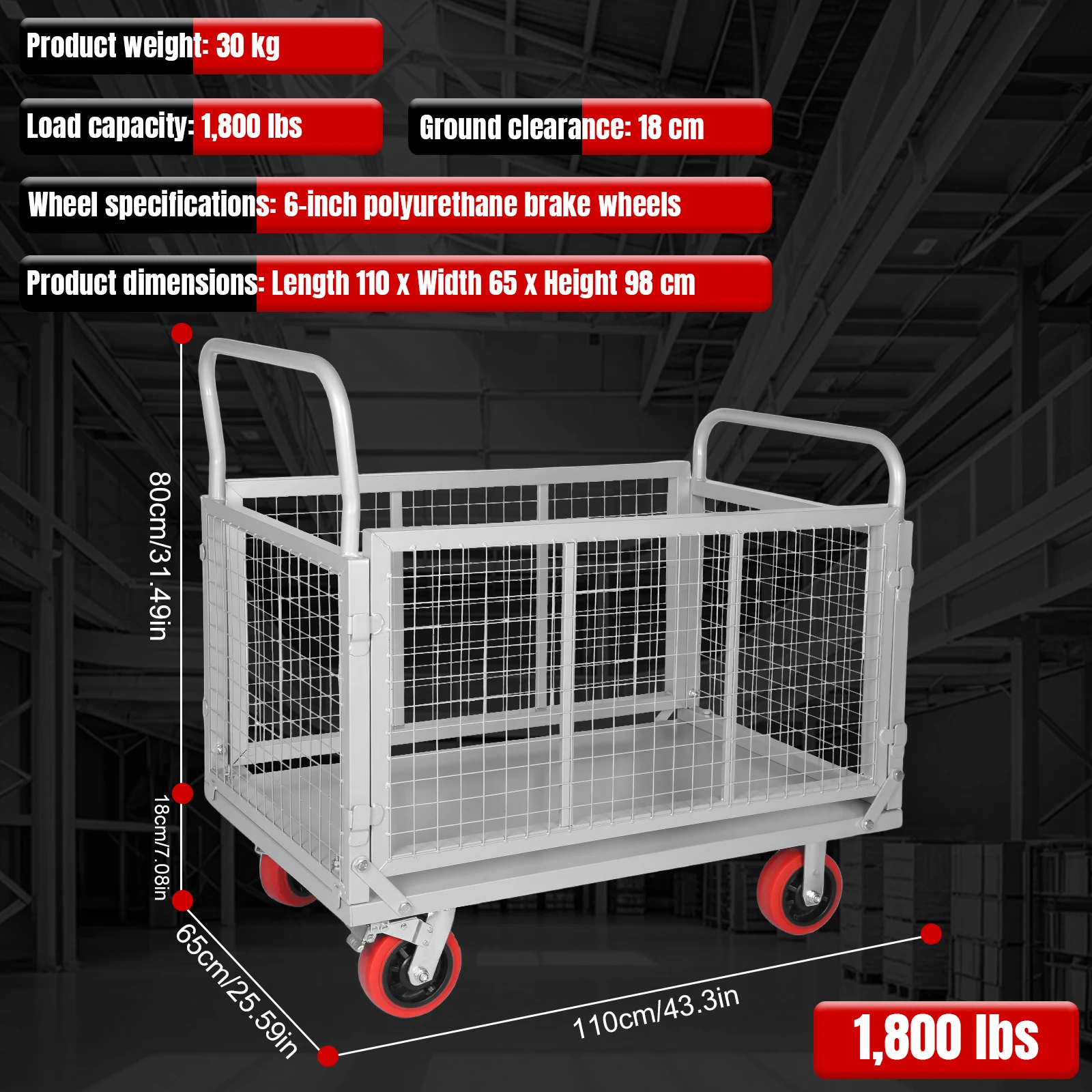 5 In 1 Foldable Flatbed Cart 200kg Load-Bearing Versatile Basket Cart Multi-Functional Push Dolly for Warehouse Production Line