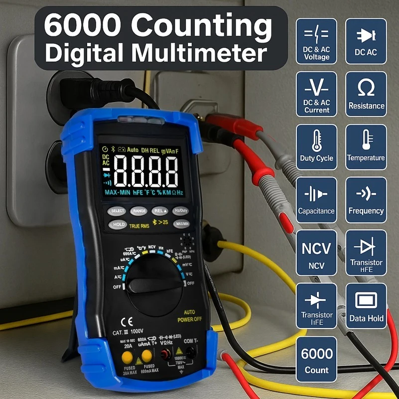 Car&Home Repair Digital Multimeter 6000 Counts True RMS NCV Auto Range DC/AC Volt Amp Ohm Cap Temp Tester with Bluetooth APP