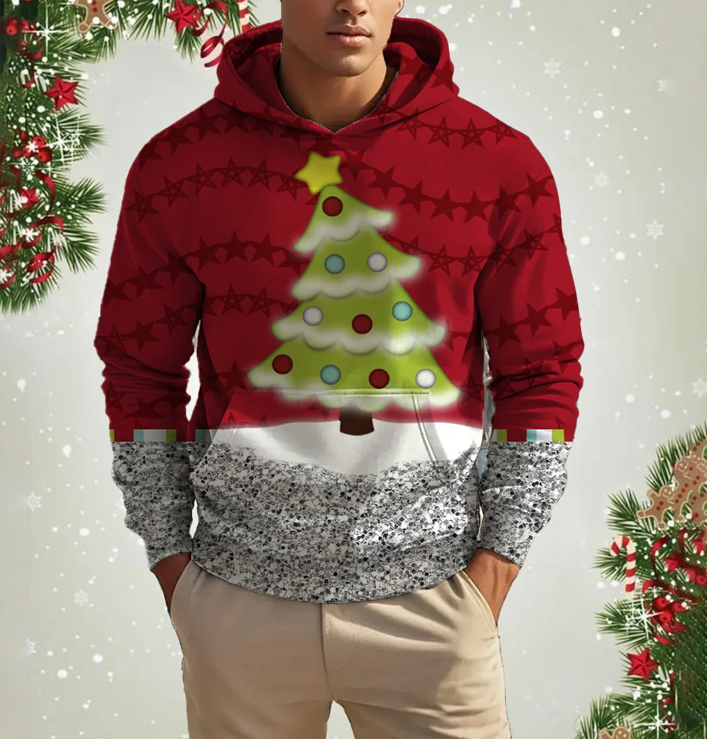 Christmas Elk Print Men's Hoodies & Sweatshirts Autumn Winter Casual New Year Clothing Fashion Loose Hooded Pullover X'mas Tops