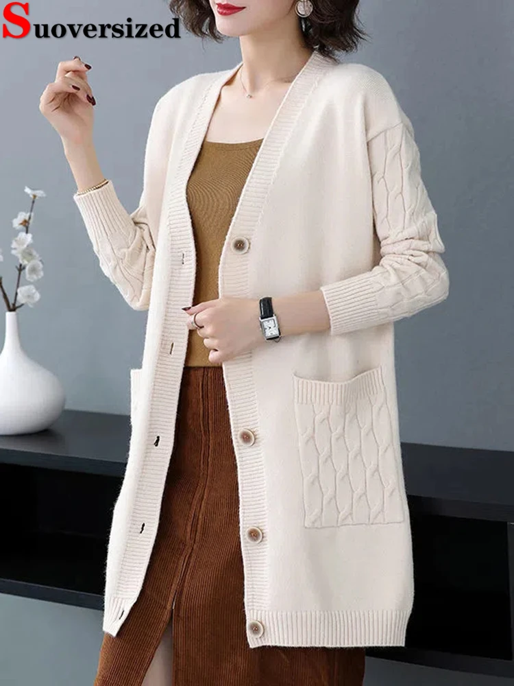 Spring Fall Women Knitted Cardigan V-neck Mid-length Korean Sweater Oversize 4xl Elegant Tops Coats Casual Knitewear Outwear