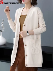 Spring Fall Women Knitted Cardigan V-neck Mid-length Korean Sweater Oversize 4xl Elegant Tops Coats Casual Knitewear Outwear