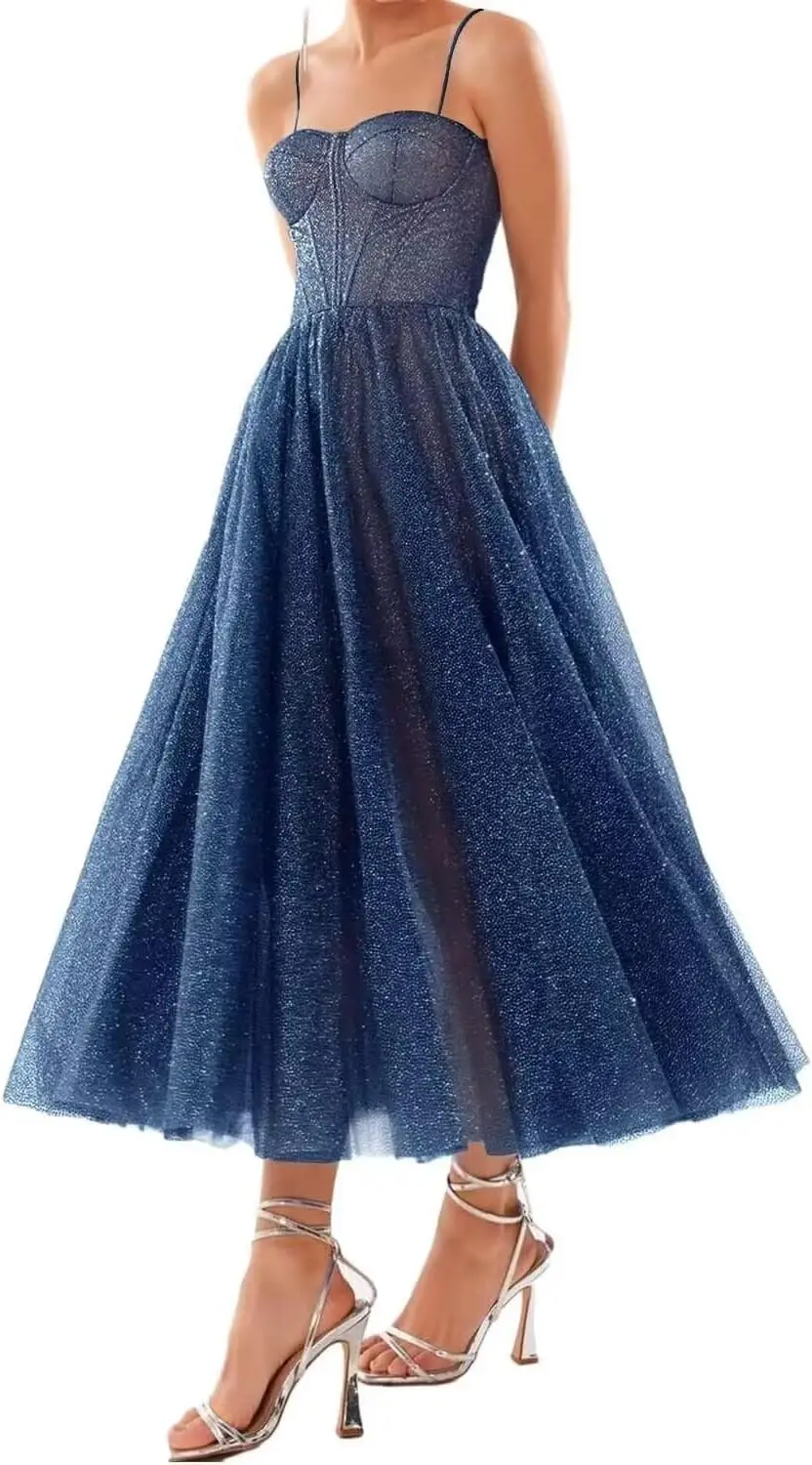 Vestidos de fiesta formales de noche con brillo y corte en A para mujer, vestidos de cóctel midi con lentejuelas y corsé, vestidos de graduación.
