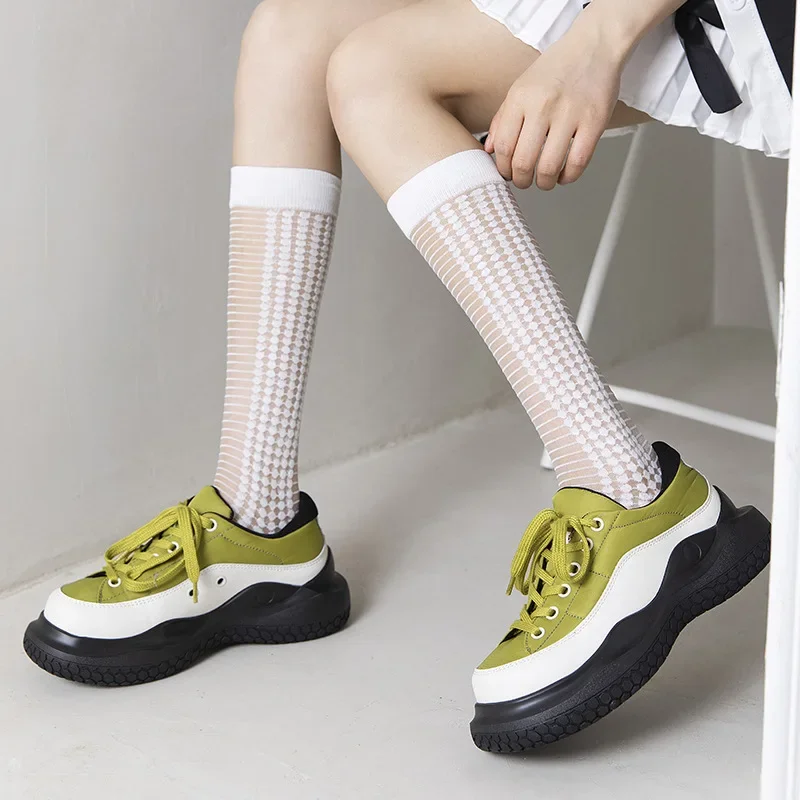 Summer Ultra Thin Silk Socks Crystal Black White Girls Wave Point Stripe Strap Elastic Stockings Women Casual Calcetines Mujer