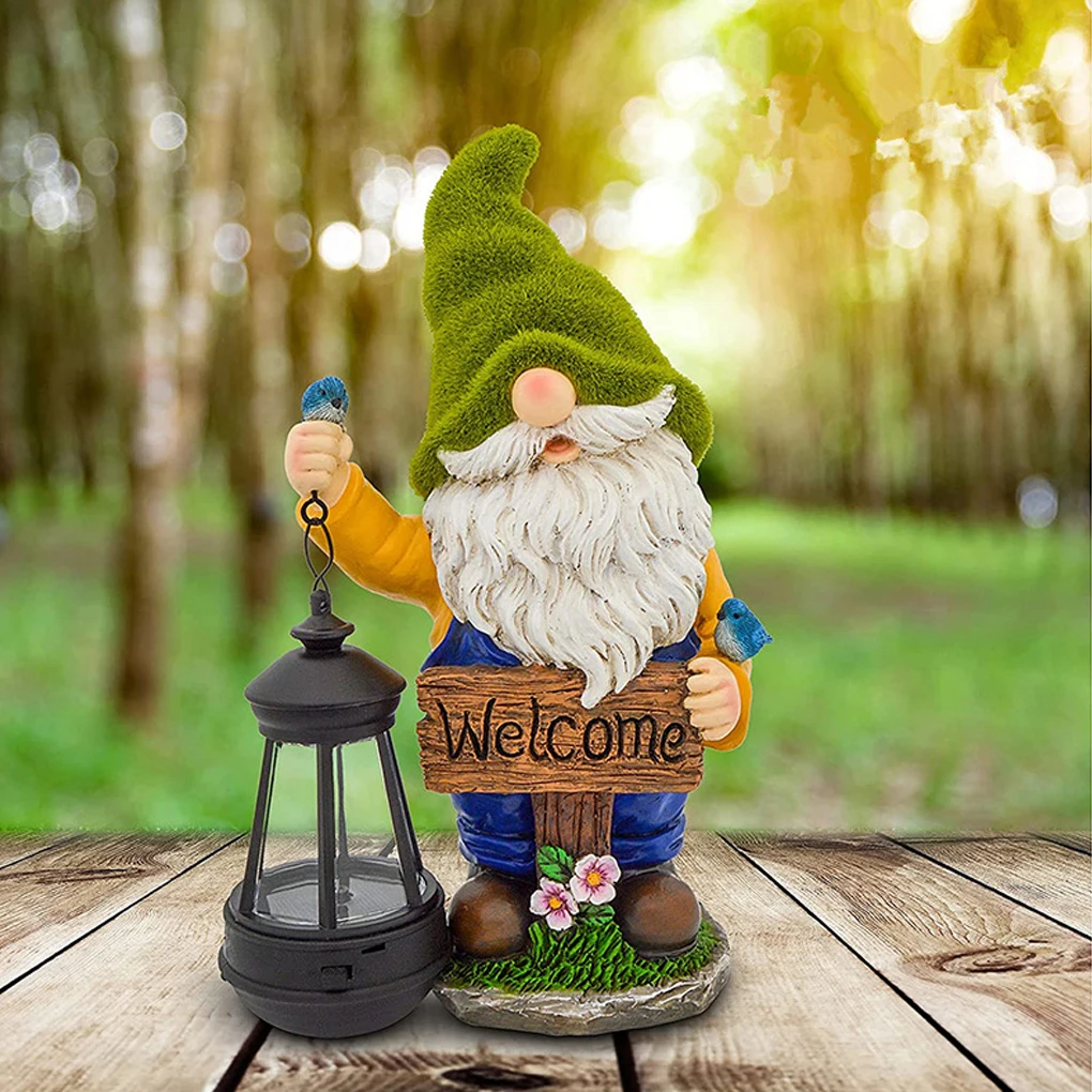 Home Garden Patio Solar Powered Light Statue Decor Courtyard Backyard Portable Glowing Welcome Resin Figure Outdoor