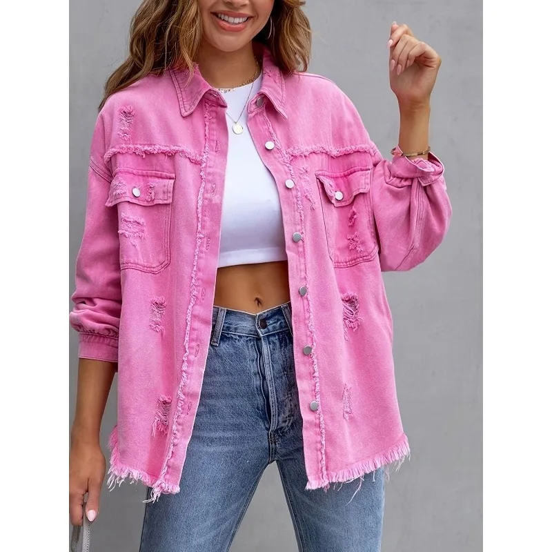 

Trend Spring Autumn Jeans Jacket Denim Coat New Loose Outerwear Jacket Hole Raw Edge Long-sleeved Top Clothes Cowboy Coats