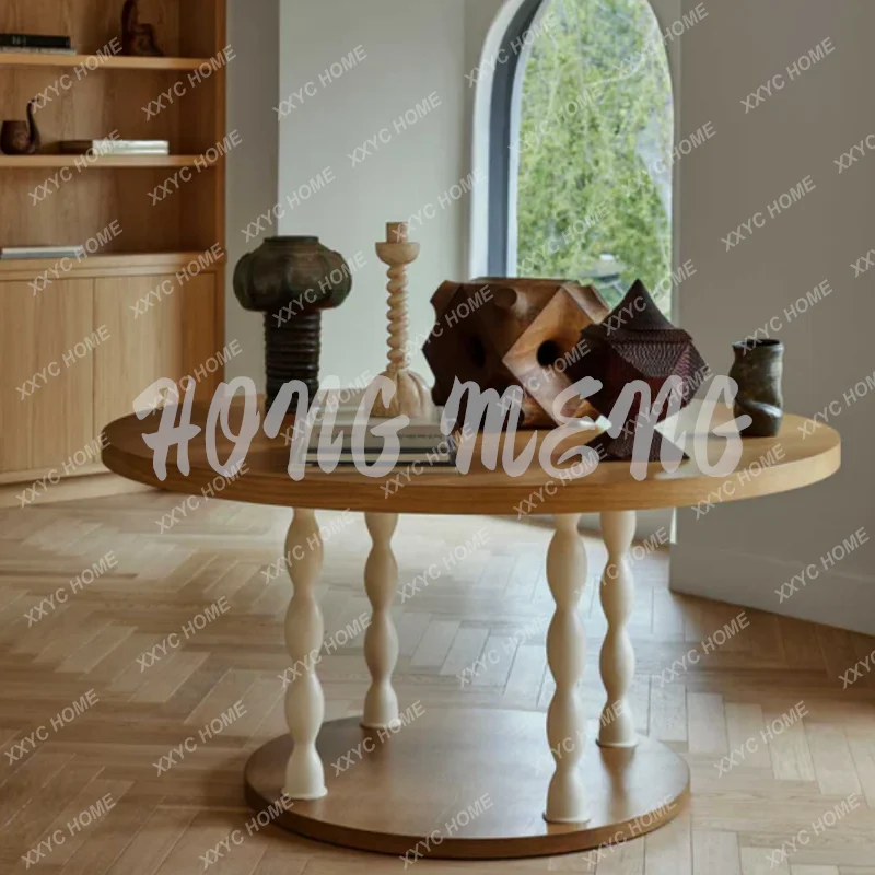 Retro pure solid wood dining table design sense small round table Roman column ash wood home dining table