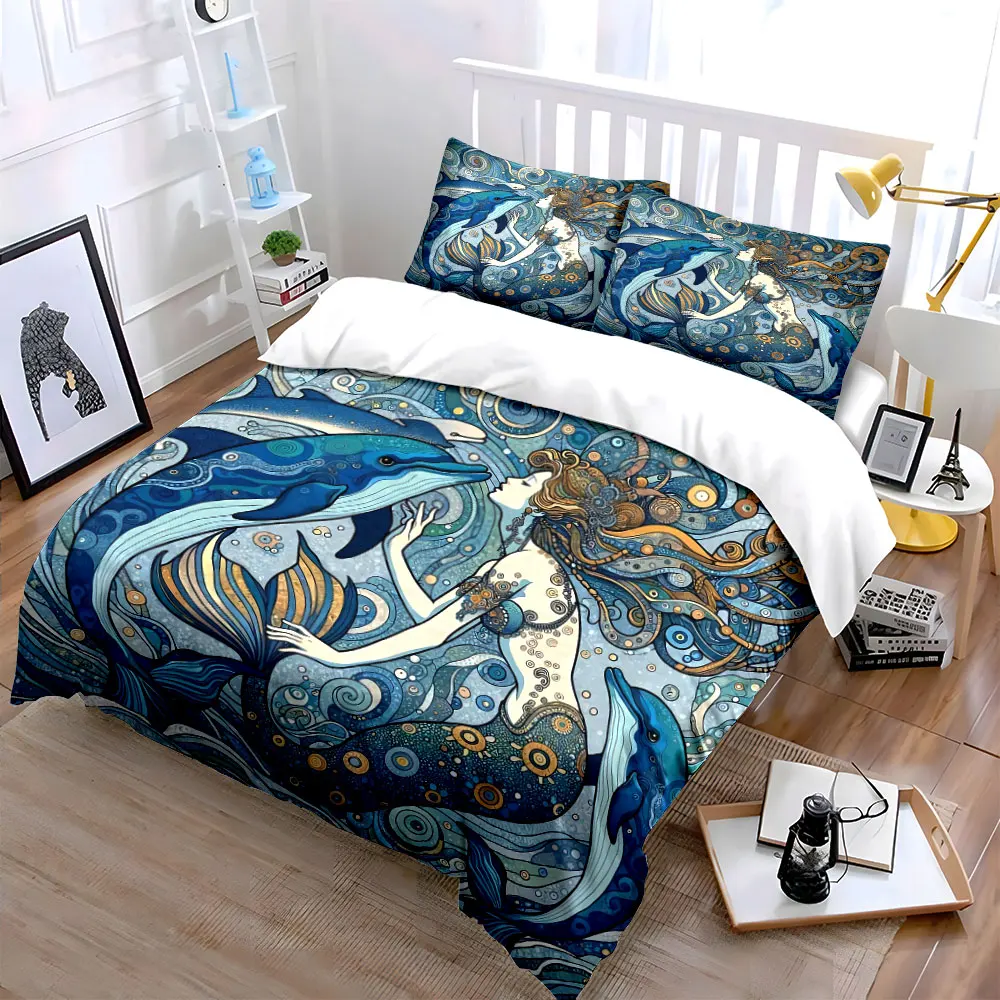 Mermaid And Dolphins Decorative Art Bedding Set with 1 Duvet Cover 2 Pillowcases Single Double King Queen, Gift