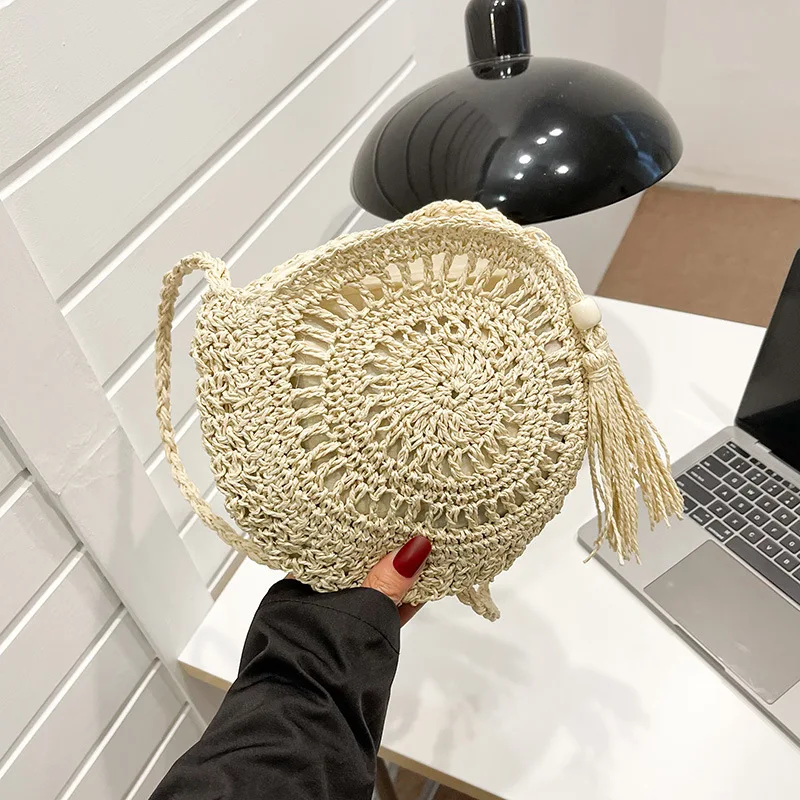 Rattan gewebte Frauen Stroh Umhängetasche kleine Clutch Geldbörse und Handtasche Sommer Strand tasche Frau Quaste Schulter Umhängetasche – Detail 3