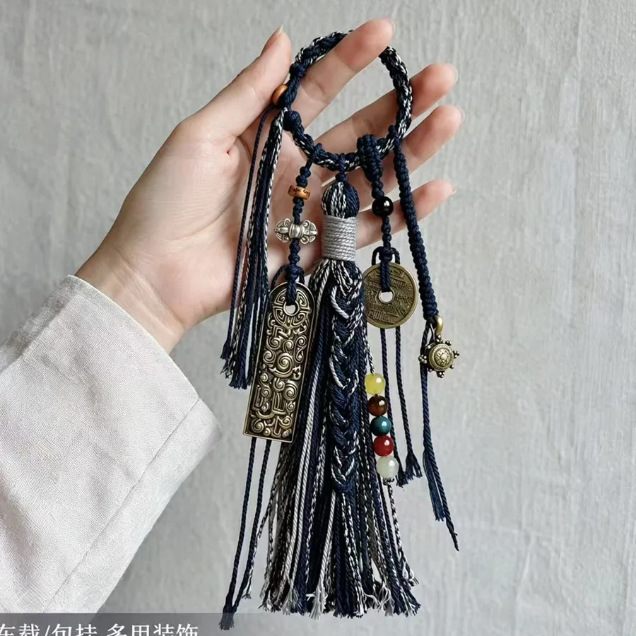 Tibetische Quaste mit Kupfermünzen und Perlen, Vajra-Stößel-Anhänger, gewebtes Lanyard, DIY-Schlüsselanhänger, Handyriemen, Taschen- und Auto-Hängeaccessoire – Detail 39