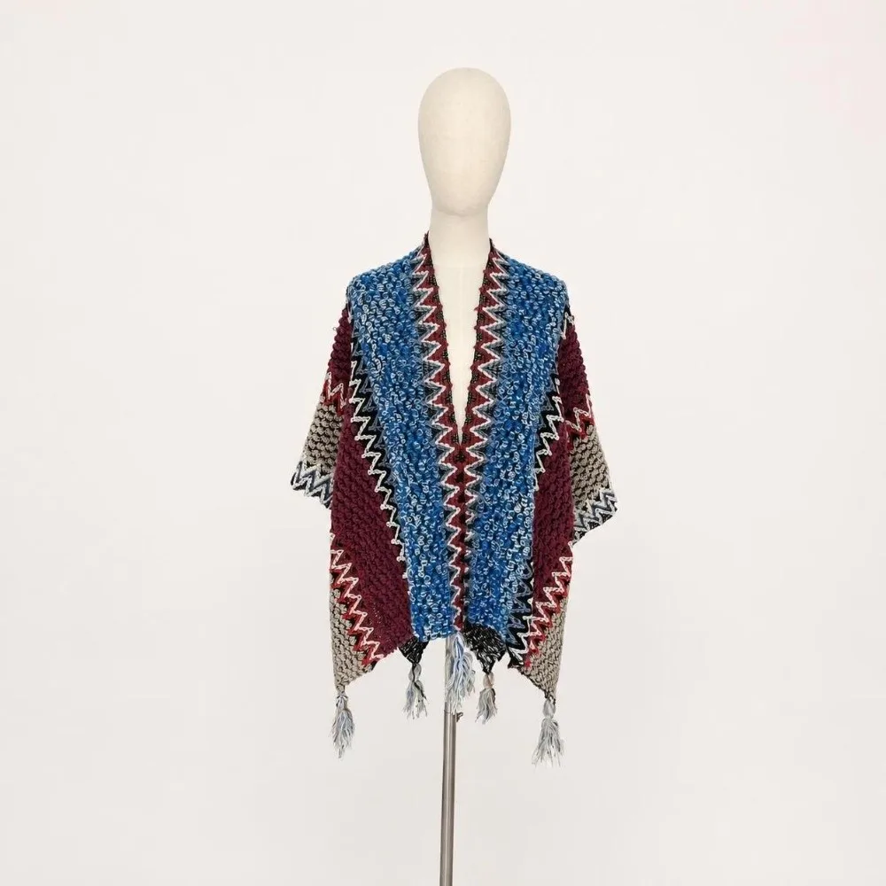 Striped Pattern Knit Poncho Cape Oversized Ethnic Print Tassel Knit Shawl Open Front Warm Shawl Wrap Cardigan Daily Outfit