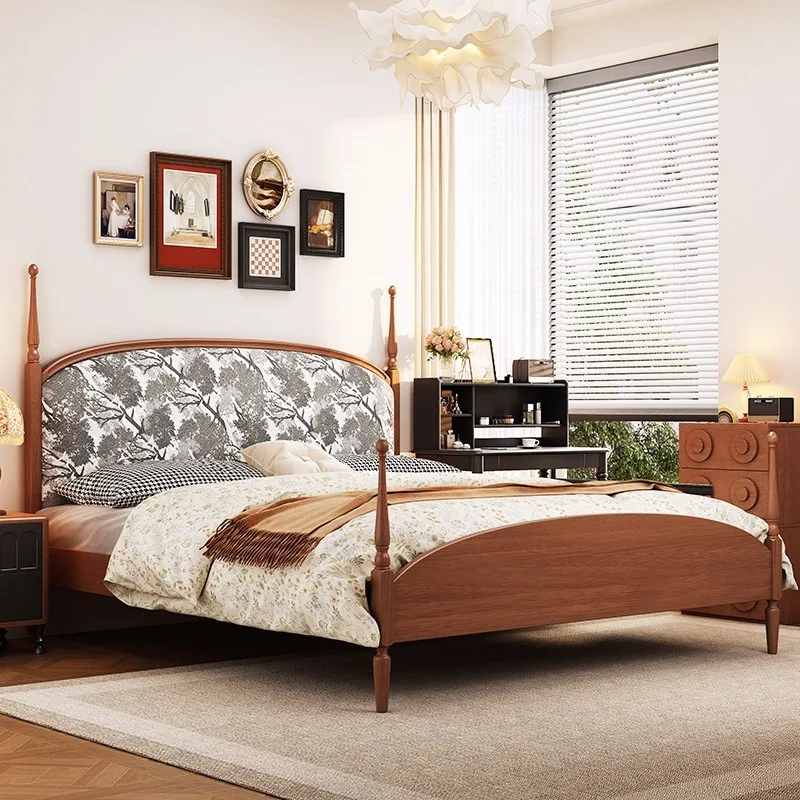 American solid wood bed, medieval ink and wash fabric soft bag double bed