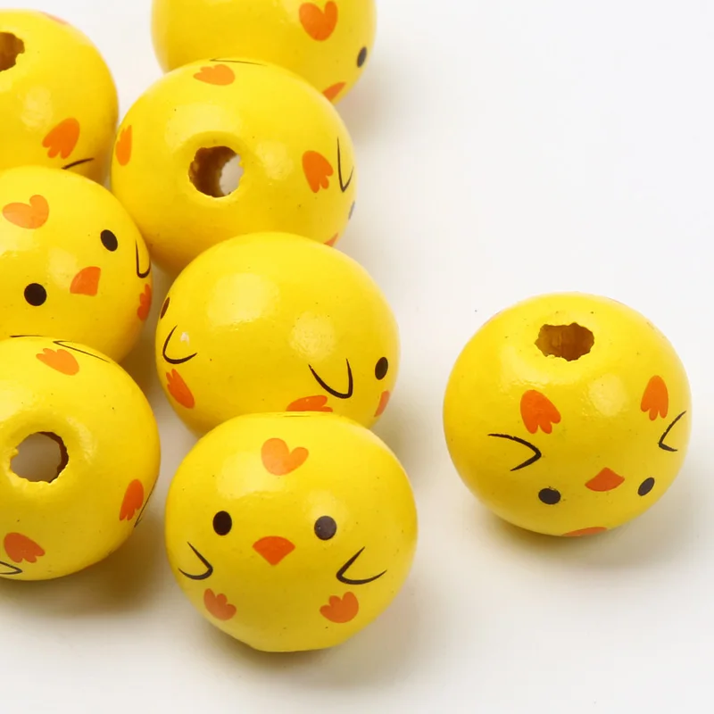 Yellow Round Balls Natural Wooden Beads With Cartoon Animal Pattern Loose Beads For Jewelry Making Diy Jewelry Beads Accessories