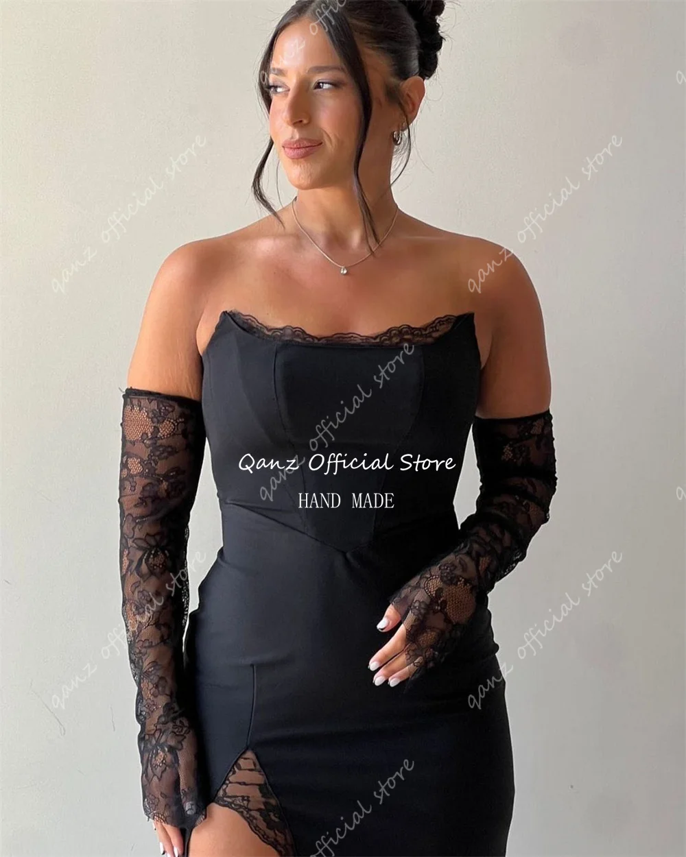 Qanz-vestido De Noche Sexy De sirena, prenda De satén negro con abertura De pierna alta, encaje sin tirantes, manga larga, elegante