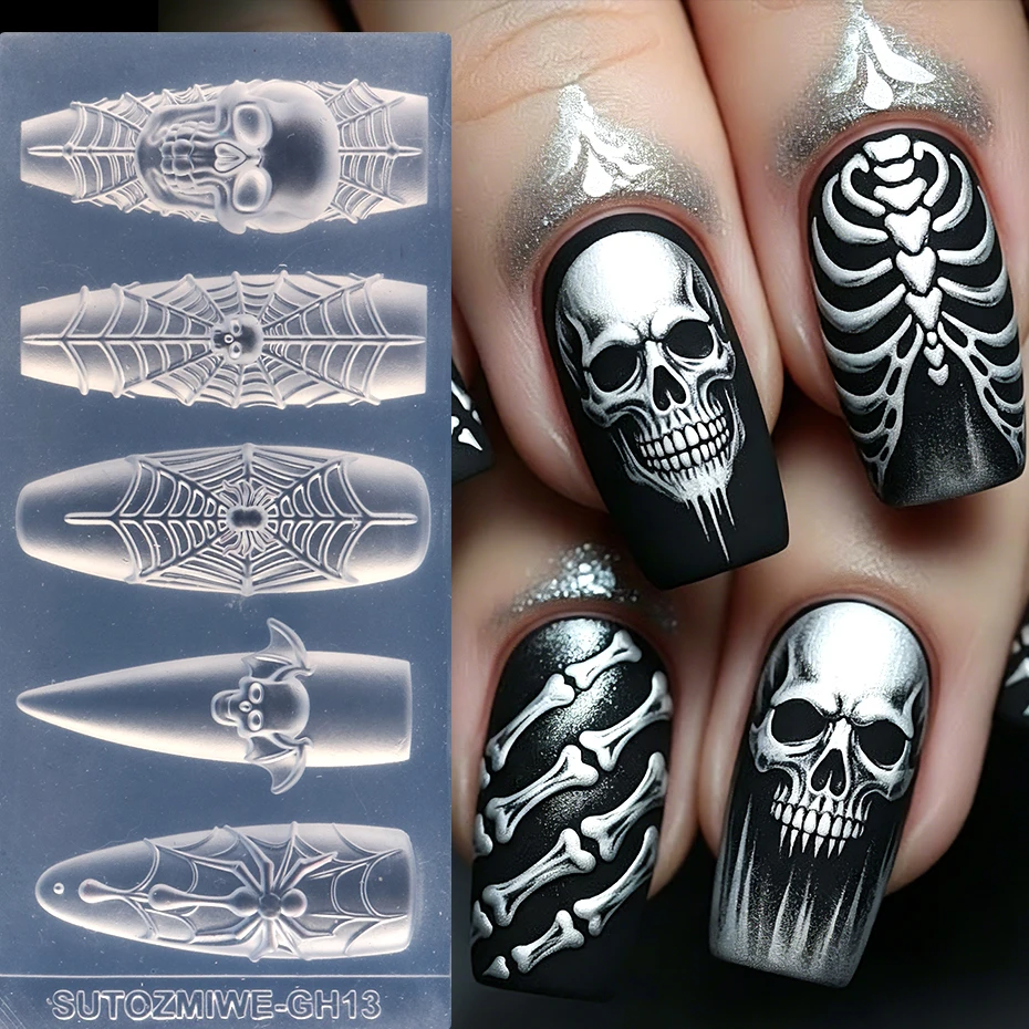 3D Skull Bat Spider Web Nail Silicone Mold Halloween Gothic Nail Art Mould Skeleton Nail Charms Decorations Template Nail Mold