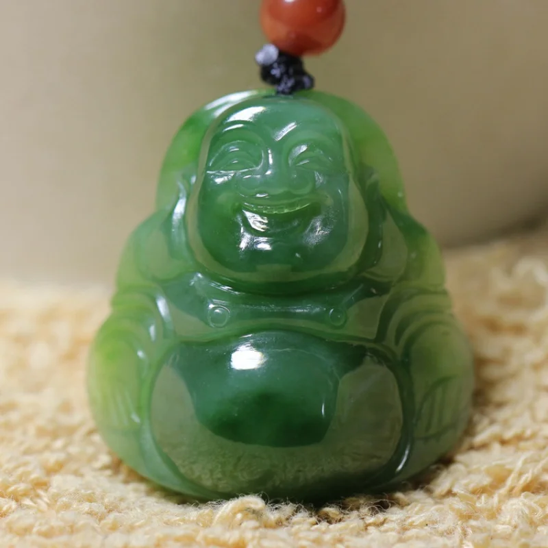 Smiling Hetian Spinach Green Jasper Women's Maitreya Buddha Jade Pendant