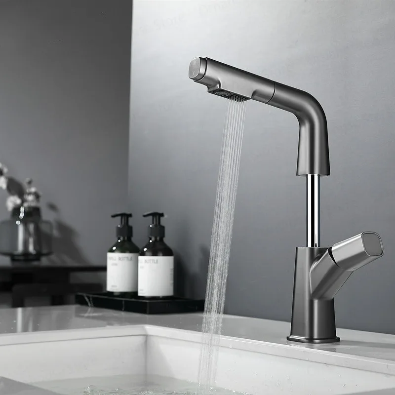 Brass Pull-out Lifting Basin Faucet Washbasin Faucet Hot and Cold Pull Out for Bathroom 360° Degree Rotation Tap Matte Black