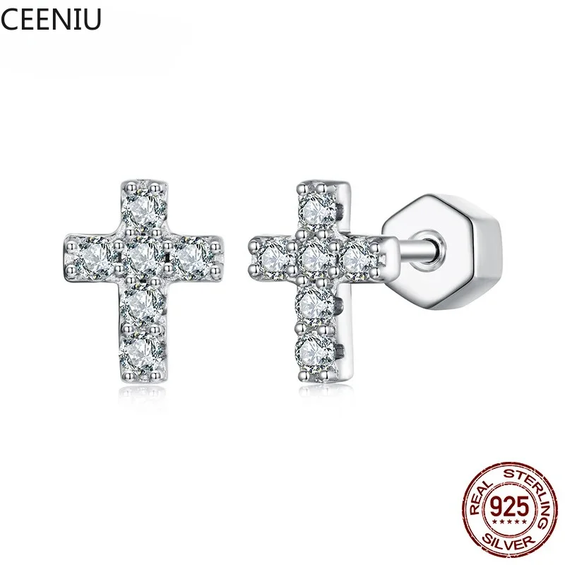 White Gold Plated Moissanite Cross Earrings for Women, 925 Sterling Silver Small Religious Faith Cross Studs Huggies