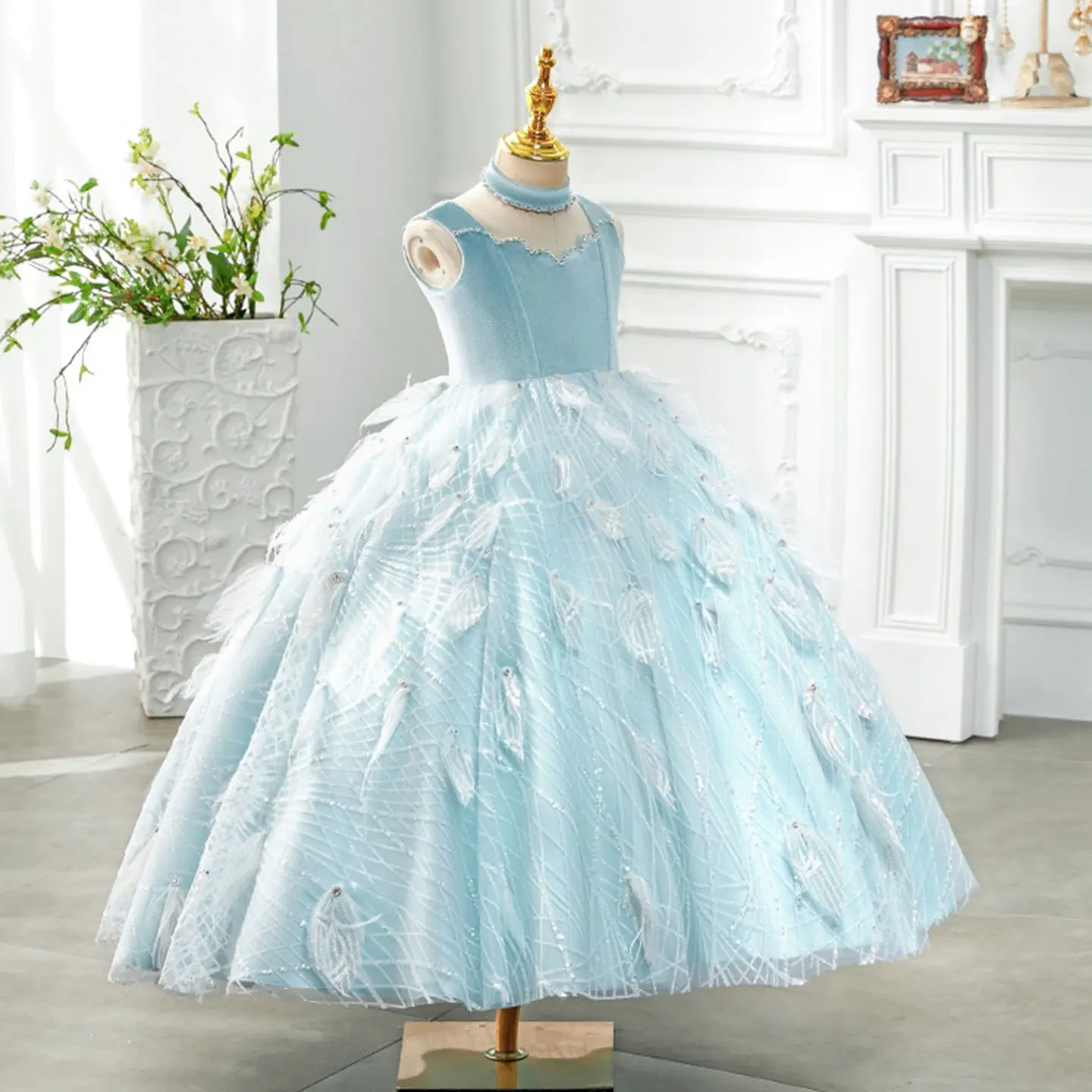 Jill Wish Luxus Dubai Himmelblau Mädchenkleider Stehkragen Feder Arabisch Prinzessin Kinder Geburtstag Hochzeit Party Ballkleid J128