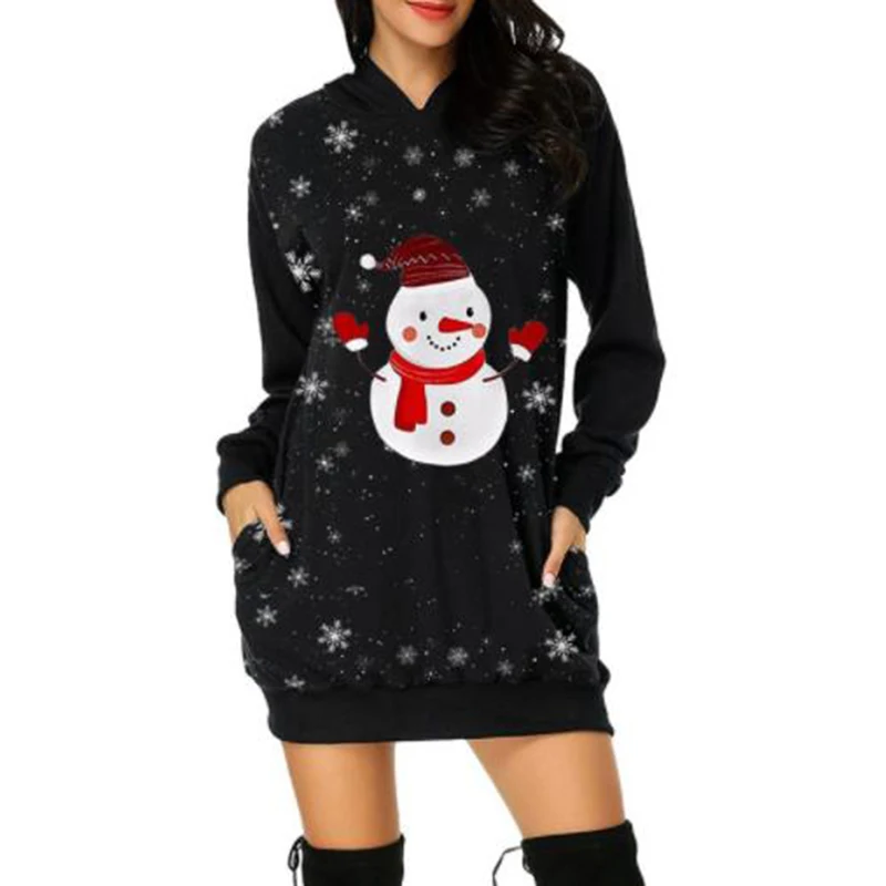 2022 Autumn Casual Women Long Hoodies Chirstams Sweatshirts Snowman Print Hooded New Winter Pockets Pullovers Tops Red Black 5XL