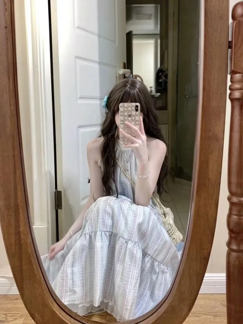 Süße Ärmellose Lange Kleid Frauen Koreanische Plaid Bogen Spitze Up Taille EINE Linie Rüschen Kleider Off Schulter Fee Strand Robe