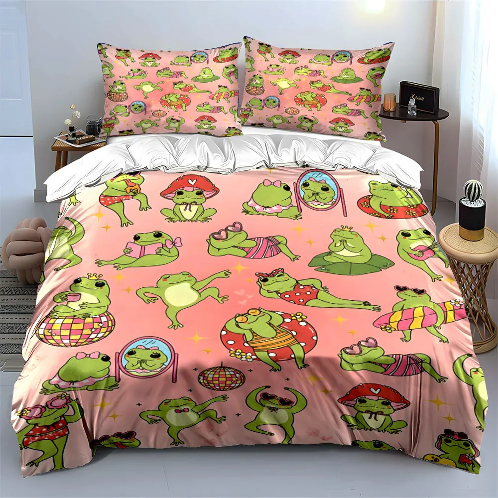 Cute frogs in pool attire background Print Soft Comfortable Duvet Cover Bedding Set Included 1*Duvet Cover  2*Pillowcases