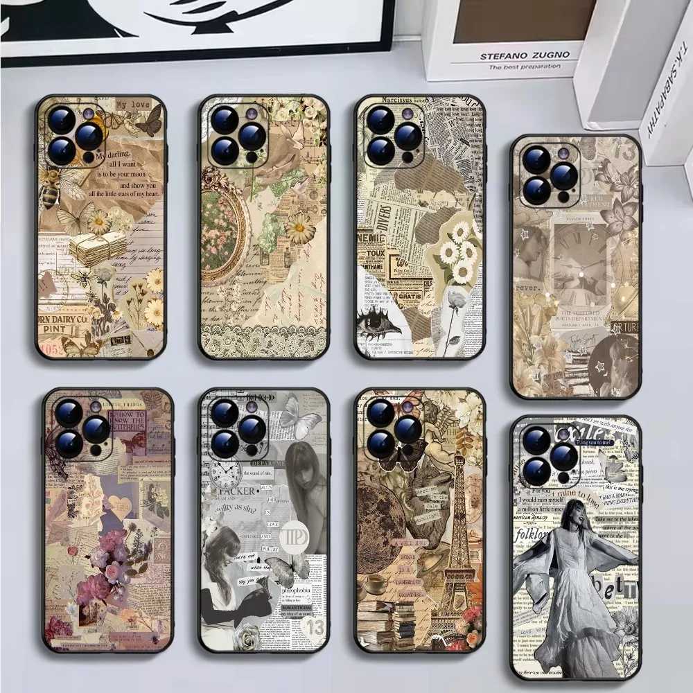 

Newspaper splicing retro Phone Case For iPhone16,15,14,13,12,11 Plus,Pro Max,XS,X,XR,SE,Mini,8,7,Soft Silicone Black Cover