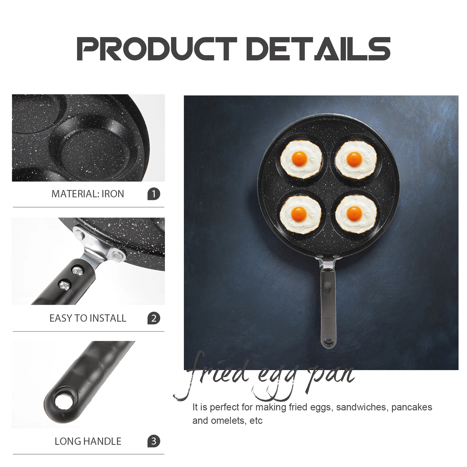 

1pc Non-Stick Omelette 4 Compartments Heat Resistant Long Handle Egg Cooking Pan For 2-4 People Kitchen Gadgets Home Use Black