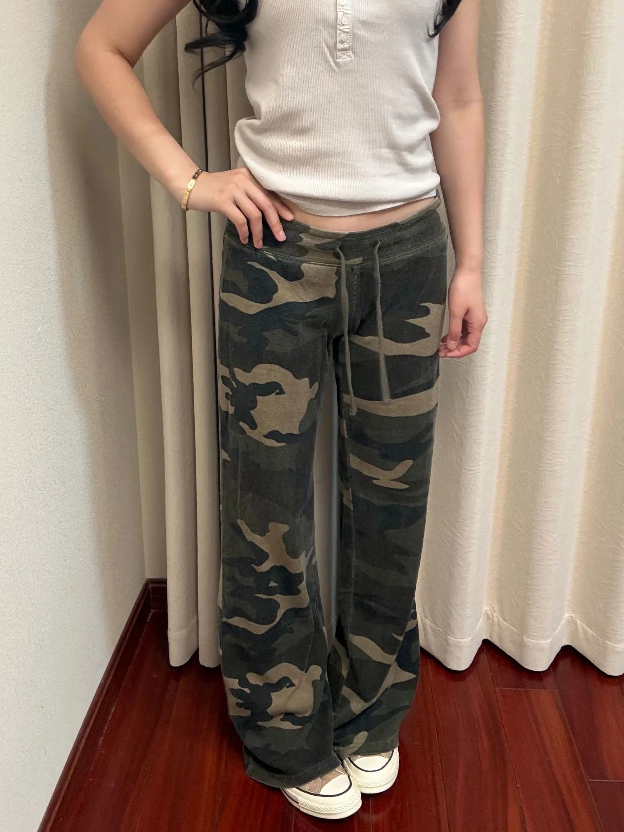 Camouflage Sport Straight Sweatpant Women Summer Drawstring Low Waist Cotton Trousers American Vintage Streetwear Baggy Pant Y2k