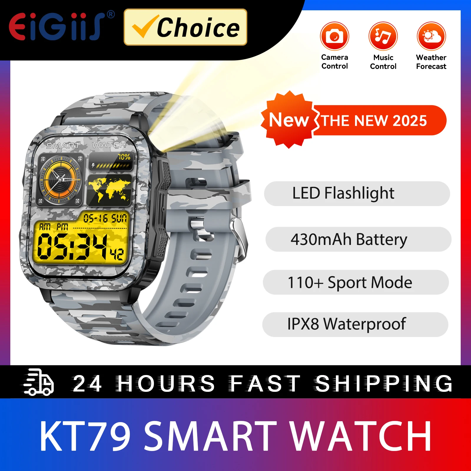 

EIGIIS Smart Watch For Men with LED Flashlight 1.96''Big Screen Tactical Smartwatch Fitness Tracker with Heart Rate Sleep Monito