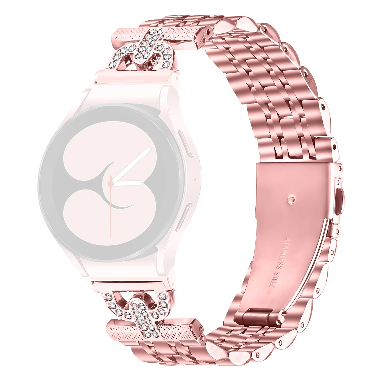 

Colored Watch Band with Connector for Samsung Galaxy Watch7 44mm / 40mm D-Shape Rhinestones Decor Stainless Steel Strap - Rose P