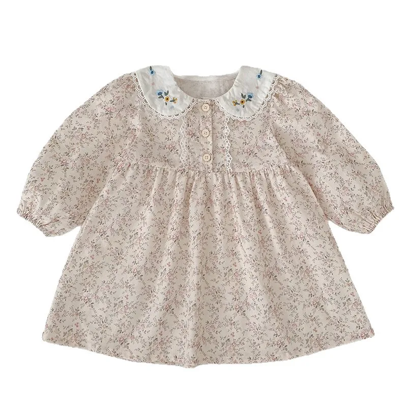 Y2K Style Girls Dress Spring New Korean Version Long Sleeve Floral Embroidery Collar Fashionable Sweet Children's Dress