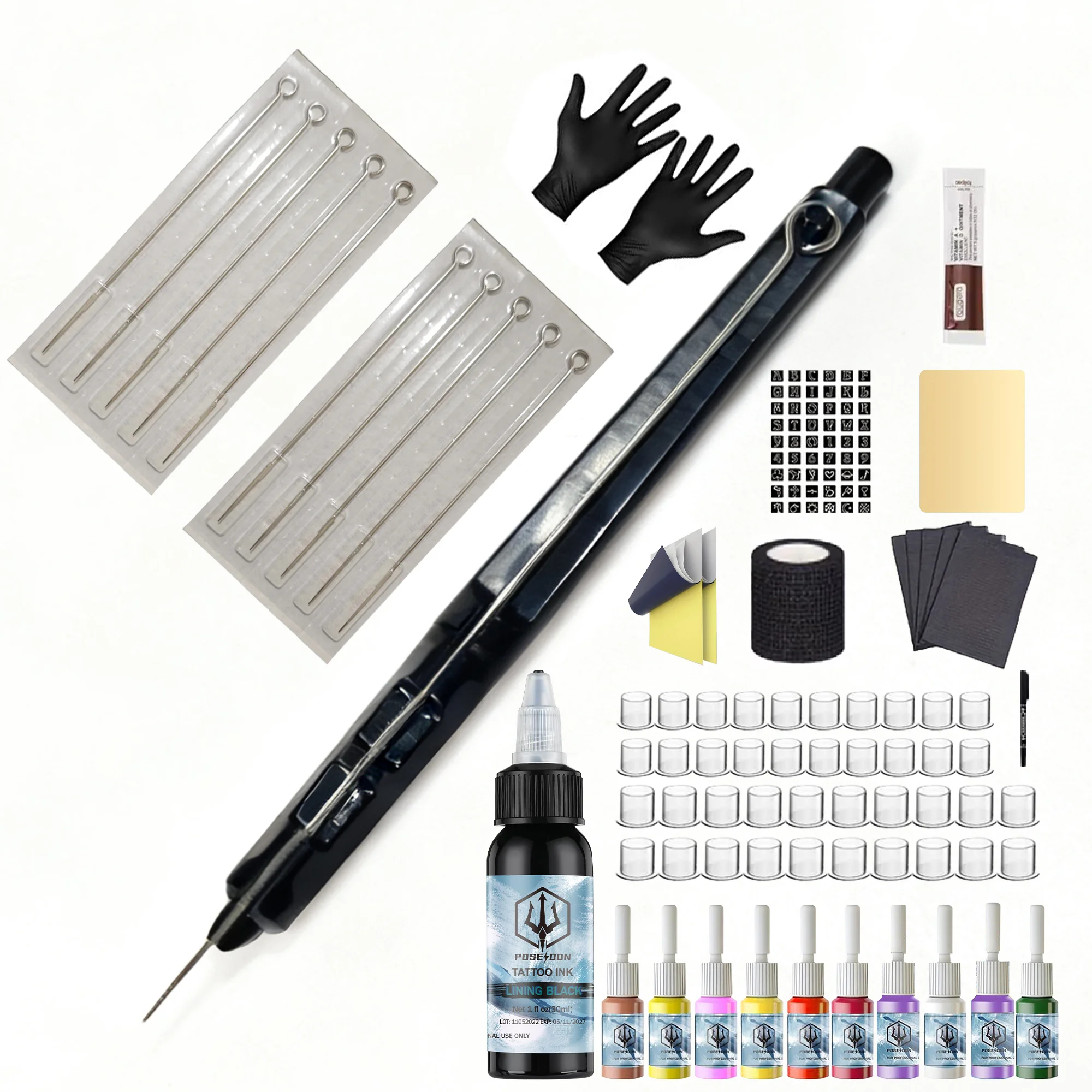 

POSEIDON Hand Poke Tattoo Kit Professional 10 Tattoo Needle Hand Poke Pen And Stick Tool Tattoo Kit Tattoo Ink Cup Pigment Kit