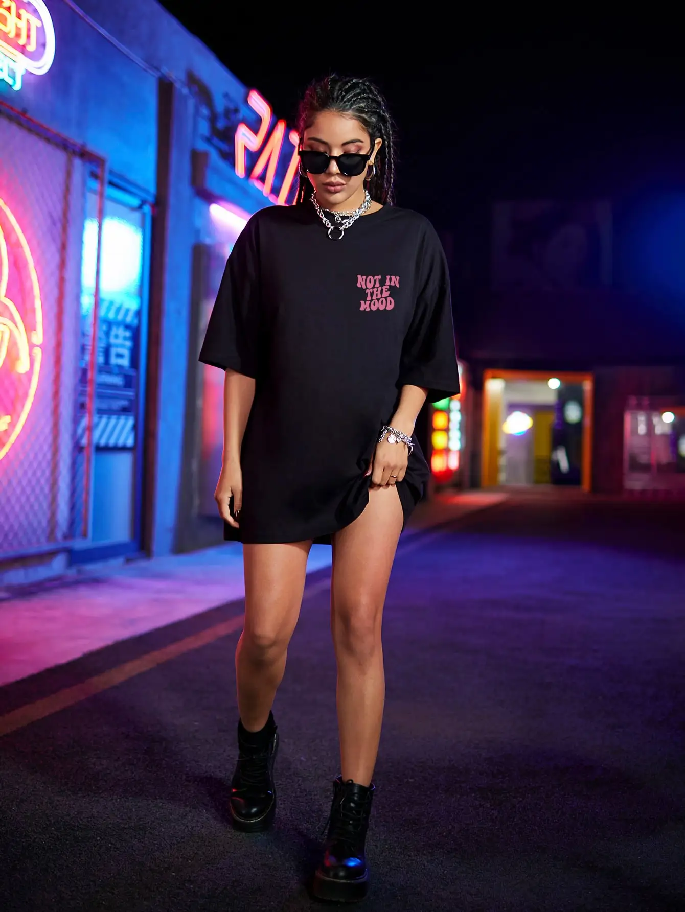 Not In The Mood Pink Letter Print T-Shirts Women Summer Clothing O-Neck Oversized Short Sleeve Breathable Casual Tshirt