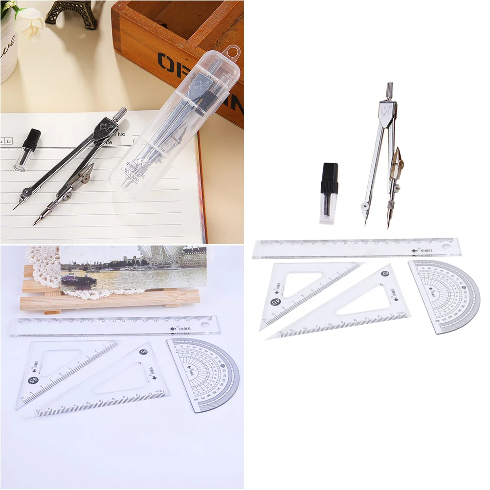 6pcs Compasses Ruler Suit Stationery Set for School Student Office (Compasses 1pcs, Pencil Lead 1pcs, Ruler 4pcs)