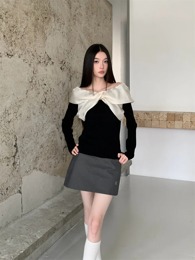 CHEERART Designer 2025, Herbst-Strickoberteil, Langarmbluse, Damenfliege, schwarze Strickwaren, niedliche modische Top-Kleidung