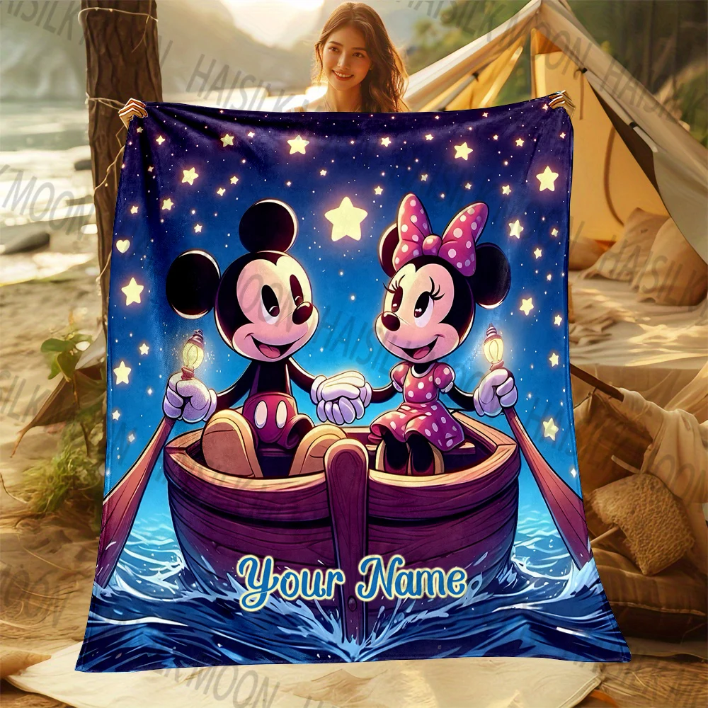 (Memo U Name) Disney Mickey Minnie Mouse Printed Blanket Can Be Custom with Name Soft and Warm Suitable for Home Office Camping