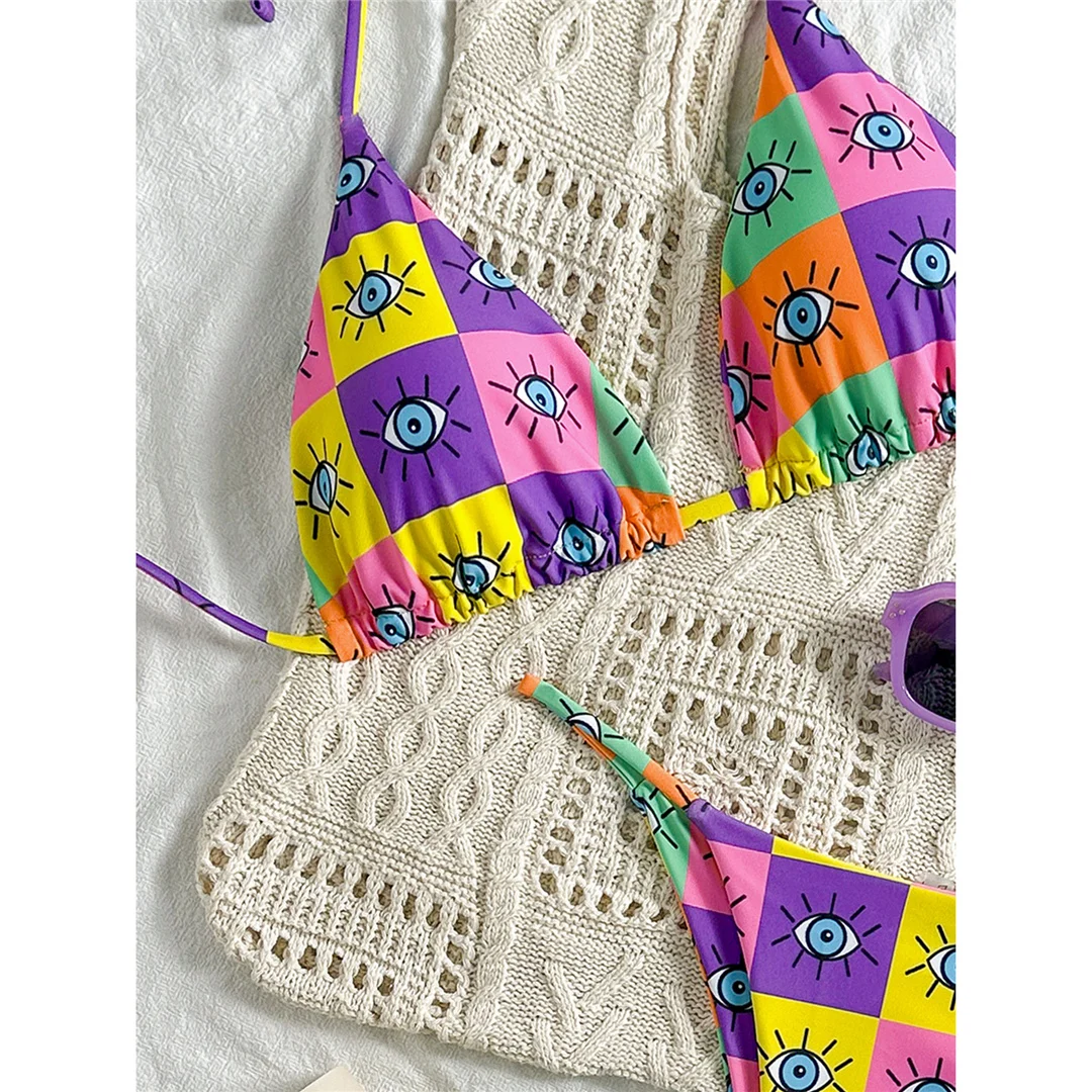 Buntes, bedrucktes Halter-Bikini-Set für Damen, zweiteiliger Badeanzug mit hohem Beinausschnitt, Badebekleidung, Badeanzug, Modell V7230. – Detail 15