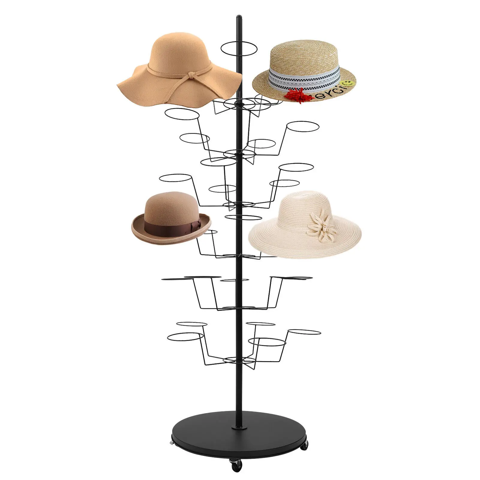 

6-Tier Hats Display Rack, Large Hat Rack Wigs Holder 30 Hooks Black Metal Freestanding Retail Hat Wig Headwear Display Stand