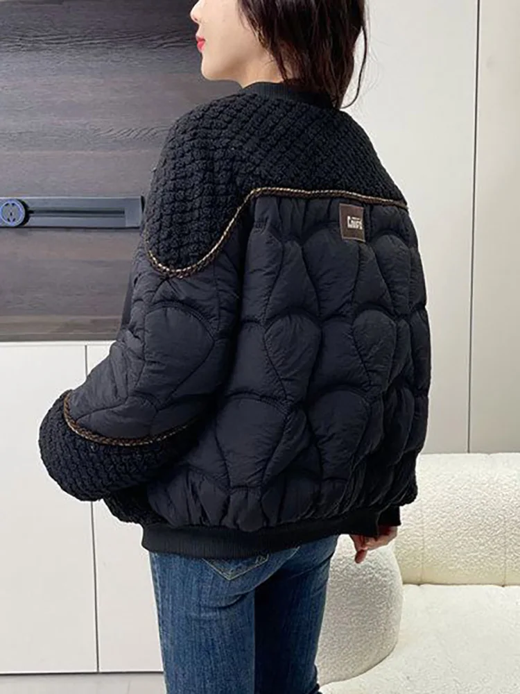 패션 스플라이싱 두꺼운 코트 재킷 스탠드 칼라 배기핏 지퍼 따뜻한 패치워크 여성 캐주얼 루즈 탑스 자켓