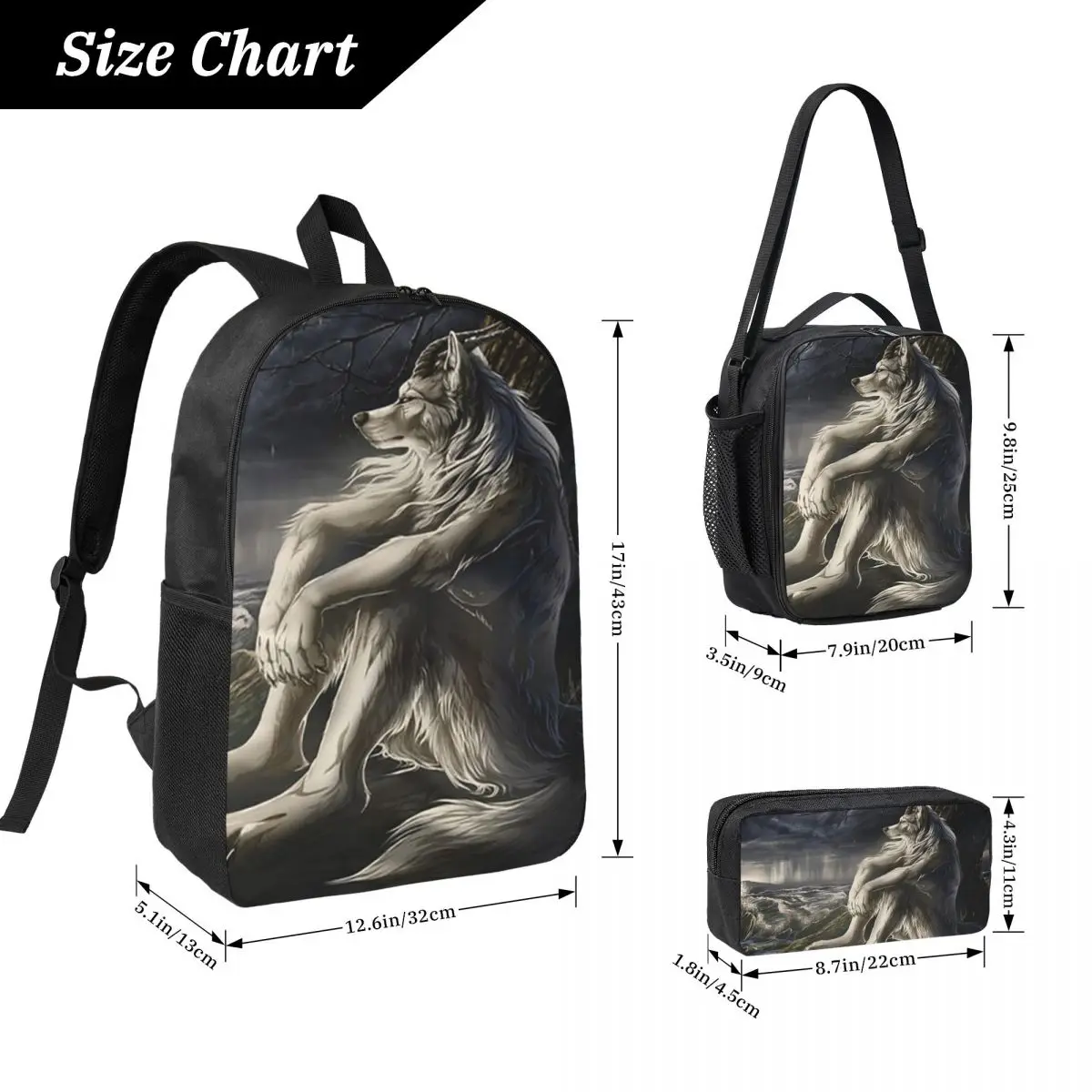 Emo White Wolf Sitting Sad Meme Backpack Student BookBag School Bag Computer Shoulder Bags 3ps Insulated Lunch Bag Pencil Case