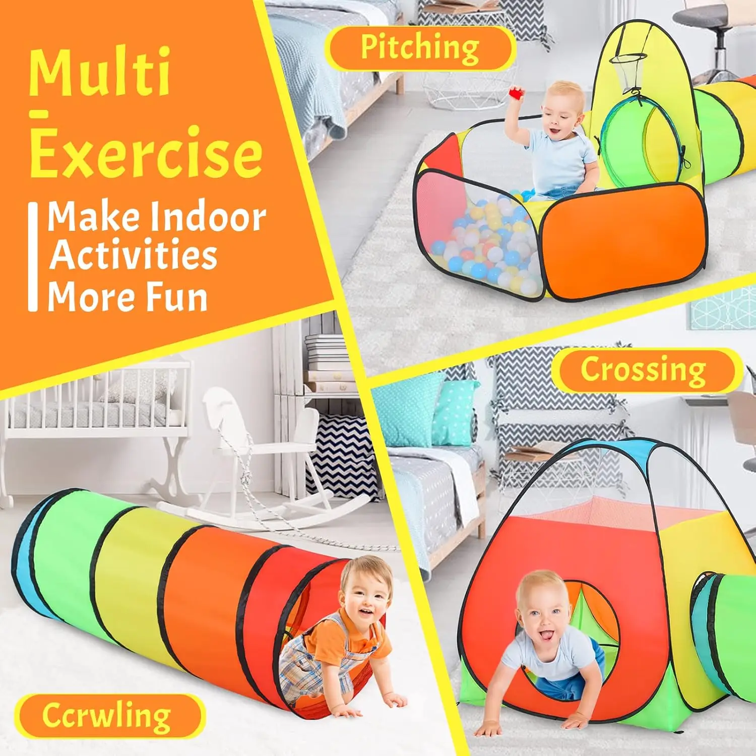 Tente de jeu 3 en 1 pour enfants avec tunnel de jeu, fosse à balles, cerceau de basket-ball pour garçons et filles, jouet de maison de jeu Pop-Up pour bébé en intérieur