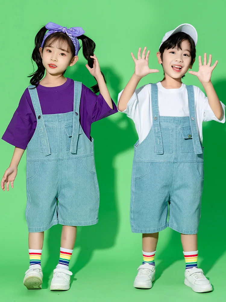 Denim Jeans Overall T Shirt Children Ballroom Jazz Dancing Clothes Hip Hop Costumes for Girls Boys Dancewear Street Dance Wear