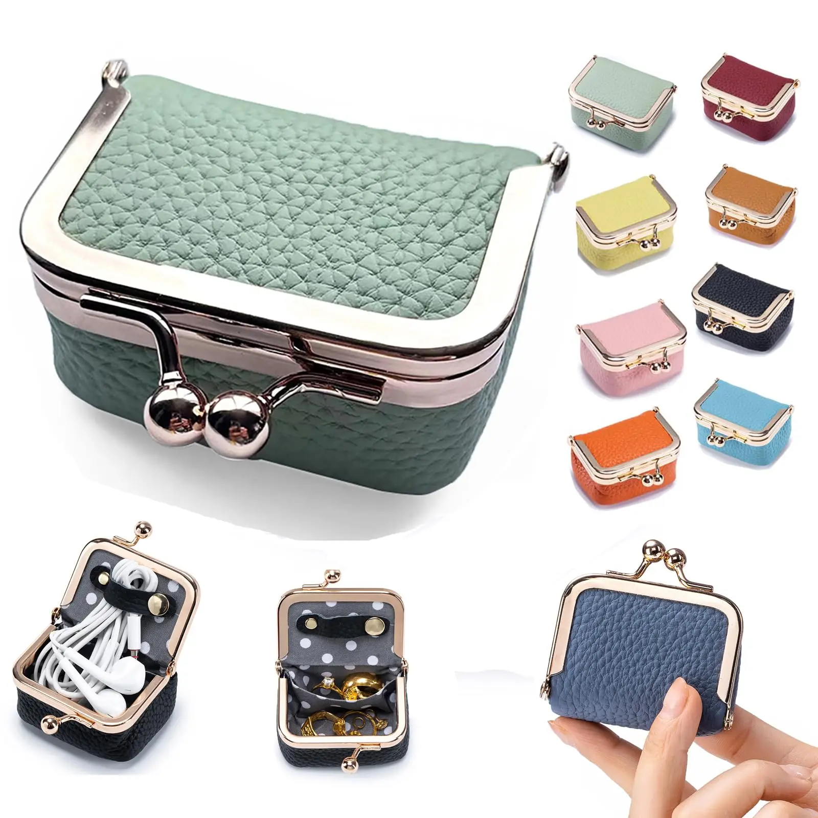 Genuine Leather Mini Jewelry Box - Travel Case & Coin Purse with Kiss Lock, Portable Organizer for Earrings Rings Necklace Brace